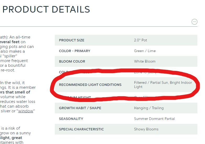 A screenshot showing where to find recommended light conditions on product pages.